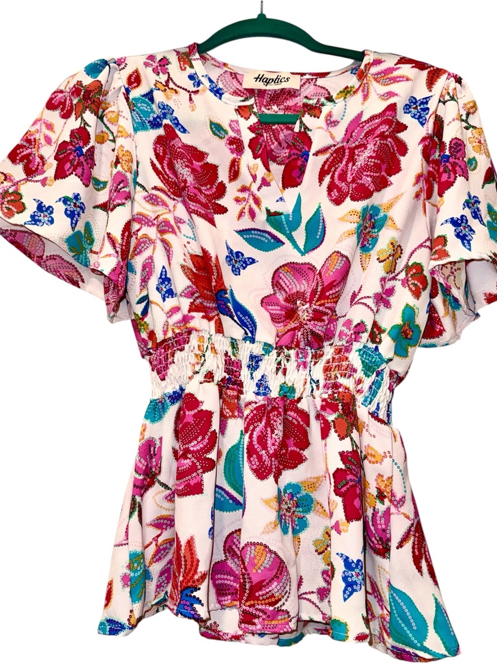 White/Pink/Teal Floral Print Smocked Waist Fit&Flare Peplum Flutter Vneck Blouse